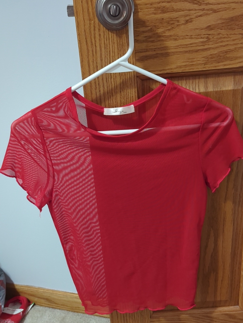 gaze Red Short Sleeve Sheer-Panel Tee